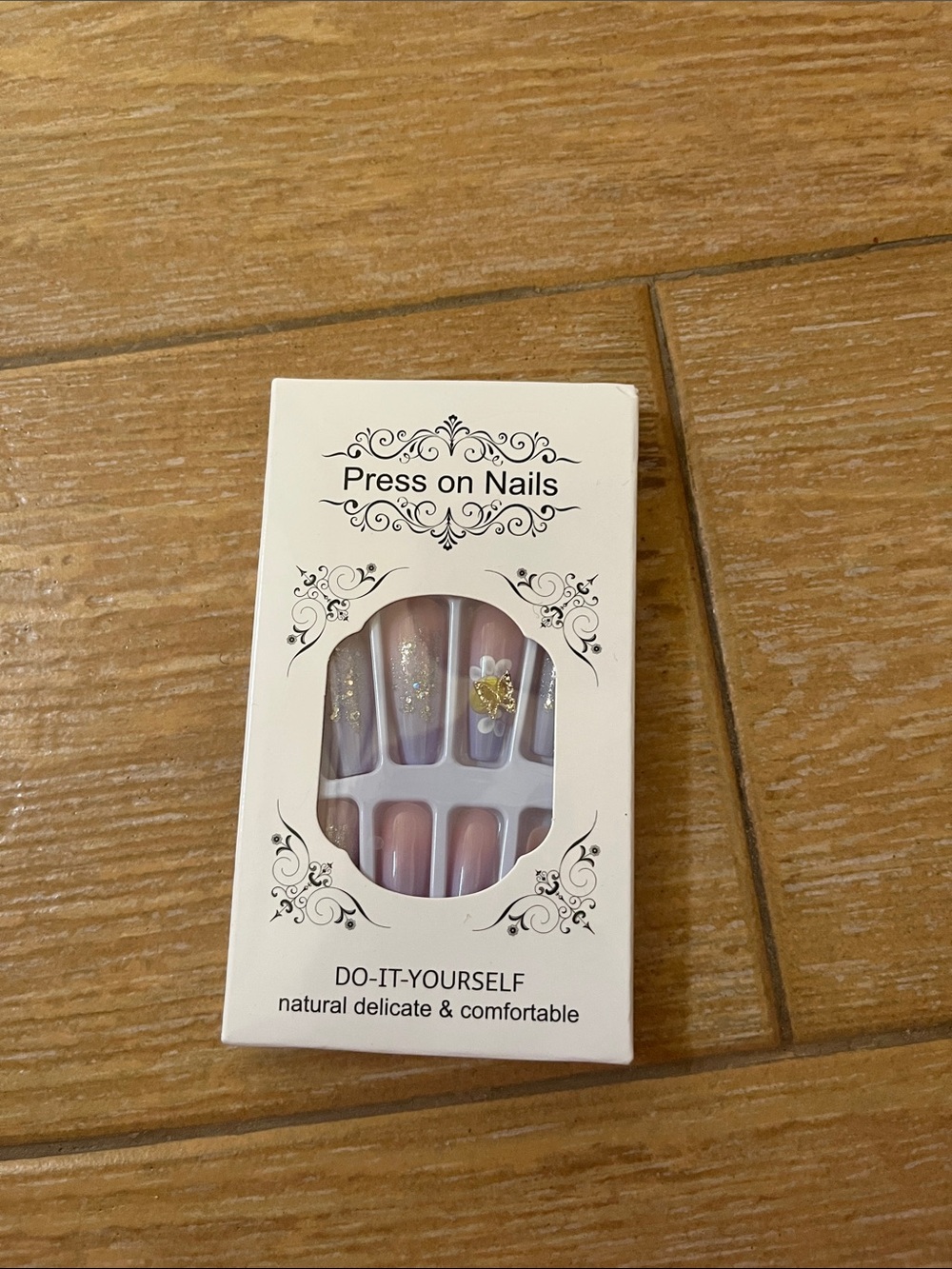 Press On Nails - Pink Gradient with Gold Glitter & Floral Accent